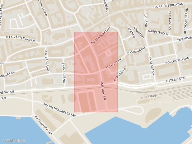 Karta som med röd fyrkant ramar in Hamngatan, Ystad, Skåne län