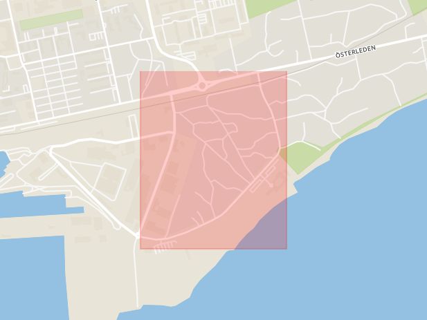 Karta som med röd fyrkant ramar in Saltsjöbadsvägen, Ystad, Skåne län