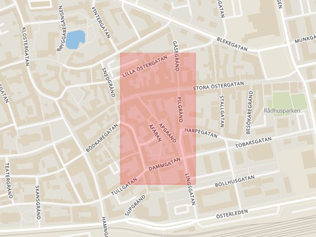 Karta som med röd fyrkant ramar in Apgränd, Ystad, Skåne län