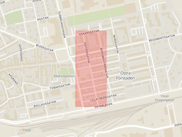 Karta som med röd fyrkant ramar in Sektersgatan, Ystad, Skåne län