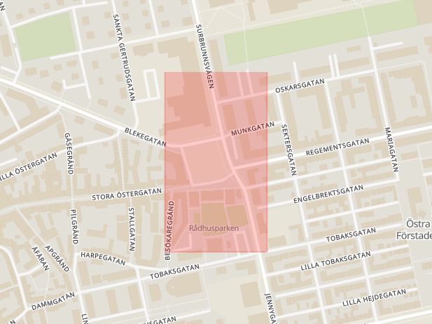 Karta som med röd fyrkant ramar in Österportstorg, Ystad, Skåne län