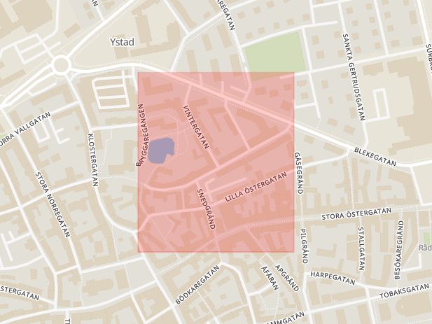 Karta som med röd fyrkant ramar in Trädgårdsgatan, Ystad, Skåne län