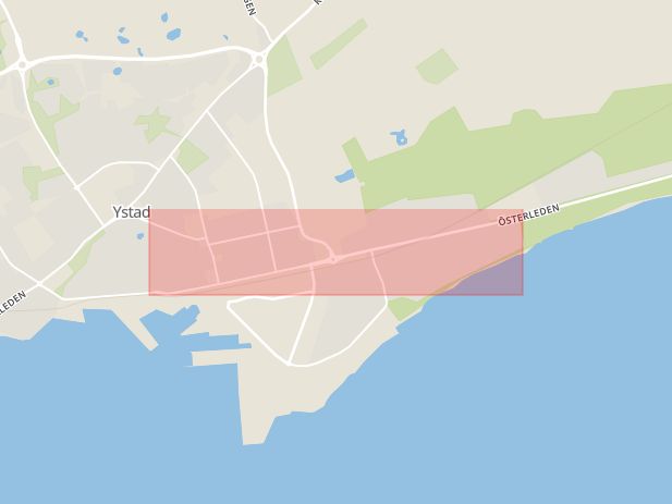 Karta som med röd fyrkant ramar in Österleden, Sandskogen, Ystad, Skåne län