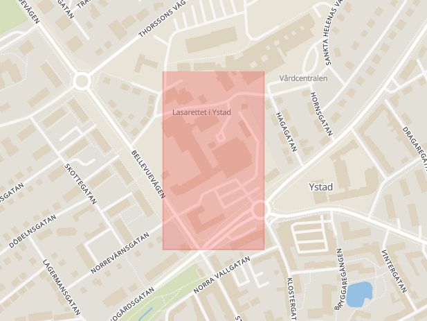 Karta som med röd fyrkant ramar in Dag Hammarskjölds Väg, Kristianstadsvägen, Ystad, Skåne län
