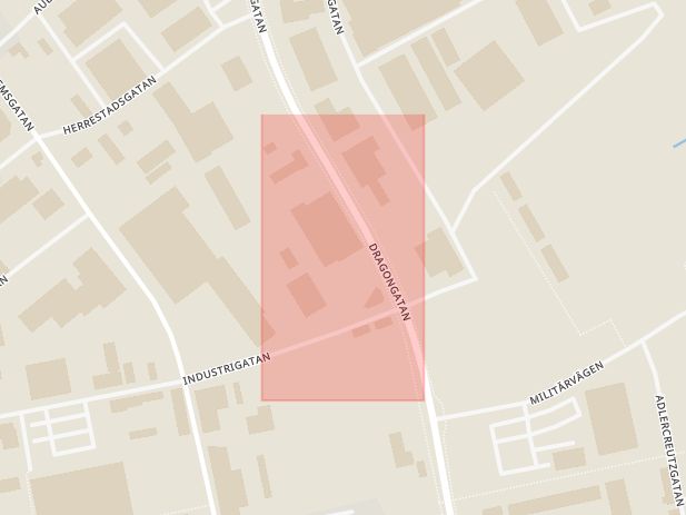 Karta som med röd fyrkant ramar in Dragongatan, Industrigatan, Ystad, Skåne län