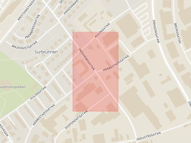 Karta som med röd fyrkant ramar in Fridhemsgatan, Herrestadsgatan, Ystad, Skåne län