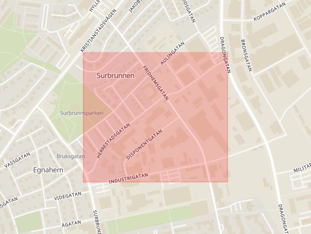 Karta som med röd fyrkant ramar in Herrestadsgatan, Ystad, Skåne län