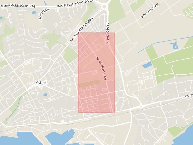 Karta som med röd fyrkant ramar in Fridhemsgatan, Ystad, Skåne län