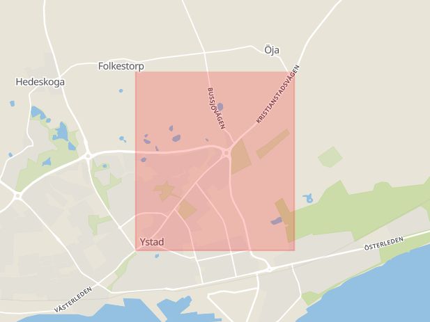 Karta som med röd fyrkant ramar in Kristianstadsvägen, Ystad, Skåne län