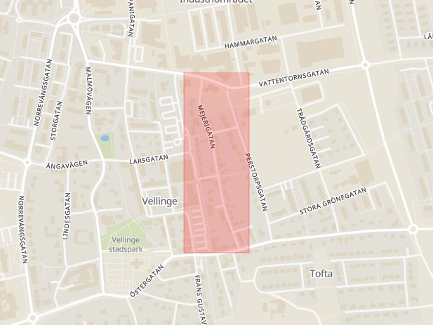 Karta som med röd fyrkant ramar in Mejerigatan, Norra Håslöv, Vellinge, Skåne län