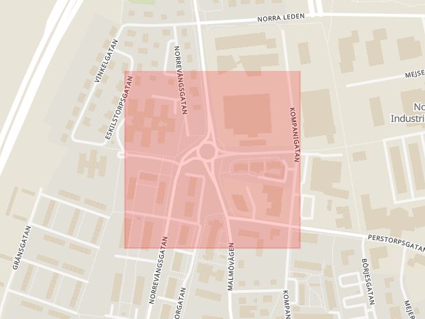 Karta som med röd fyrkant ramar in Verkstadsgatan, Vellinge, Skåne län