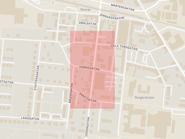 Karta som med röd fyrkant ramar in Hornsgatan, Skurup, Skåne län