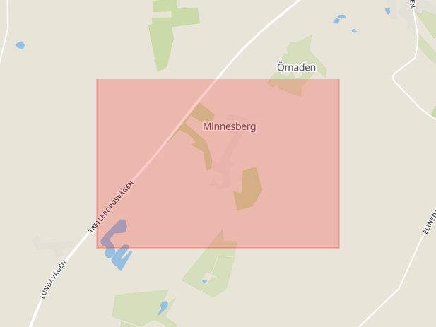 Karta som med röd fyrkant ramar in Svedala Kommun, Minnesberg, Trelleborg, Skåne län