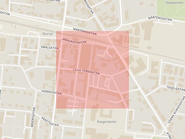 Karta som med röd fyrkant ramar in Lilla Torggatan, Skurup, Skåne län