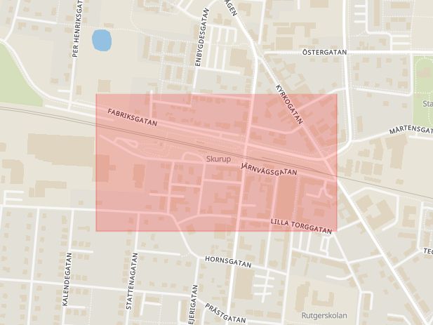 Karta som med röd fyrkant ramar in Järnvägsgatan, Skurup, Skåne län