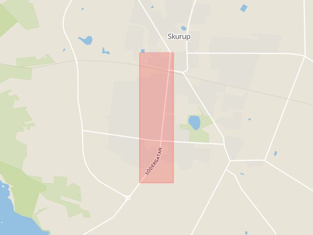 Karta som med röd fyrkant ramar in Södergatan, Skurup, Skåne län