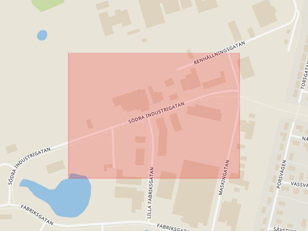 Karta som med röd fyrkant ramar in Industrigatan, Skurup, Skåne län