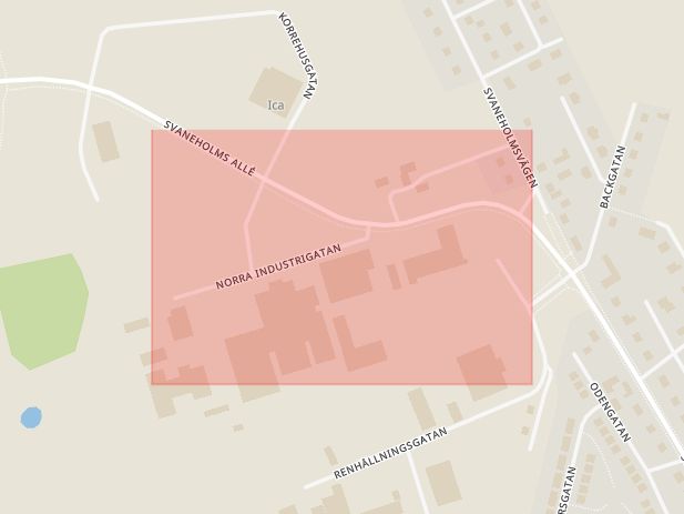 Karta som med röd fyrkant ramar in Norra Industrigatan, Skurup, Skåne län