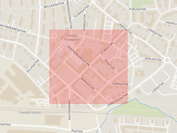 Karta som med röd fyrkant ramar in Storgatan, Svedala, Skåne län