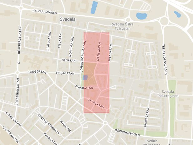 Karta som med röd fyrkant ramar in Månsgatan, Svedala, Skåne län