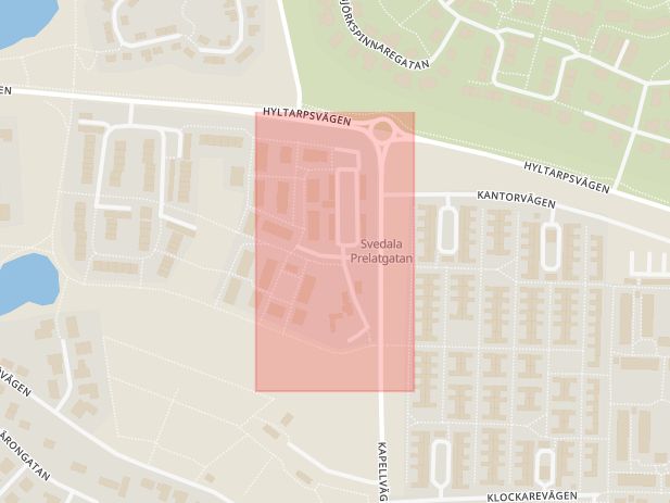 Karta som med röd fyrkant ramar in Prelatgatan, Svedala, Skåne län