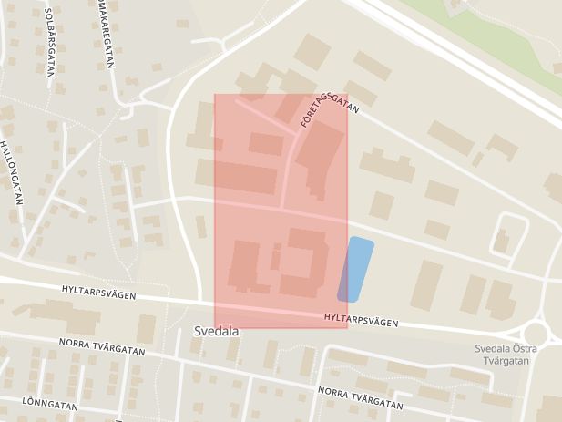 Karta som med röd fyrkant ramar in Företagsgatan, Verkstadsgatan, Svedala, Skåne län