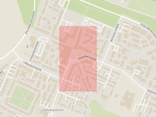 Karta som med röd fyrkant ramar in Oxie Centrum, Malmö, Skåne län