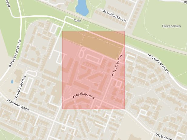 Karta som med röd fyrkant ramar in Oxie, Lertegelvägen, Malmö, Skåne län