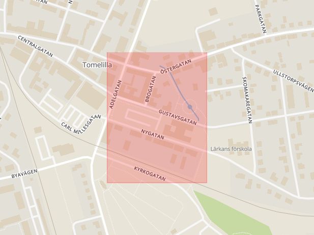 Karta som med röd fyrkant ramar in Gustafs Torg, Tomelilla, Skåne län
