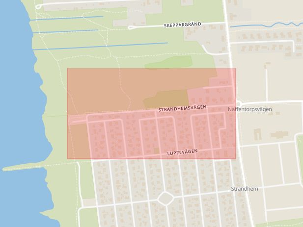 Karta som med röd fyrkant ramar in Strandhem, Strandhemsvägen, Malmö, Skåne län