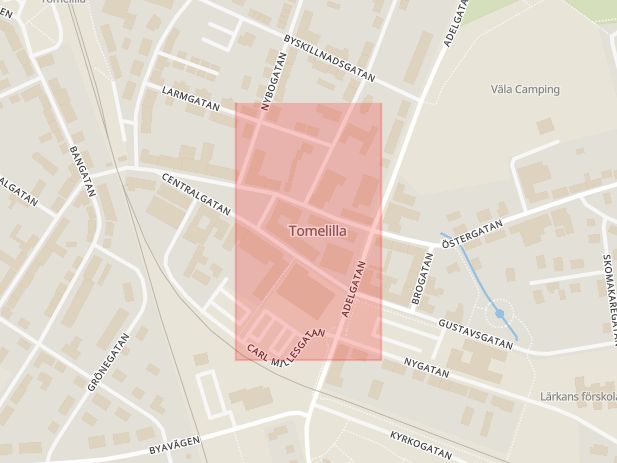 Karta som med röd fyrkant ramar in Centralgatan, Tomelilla, Skåne län
