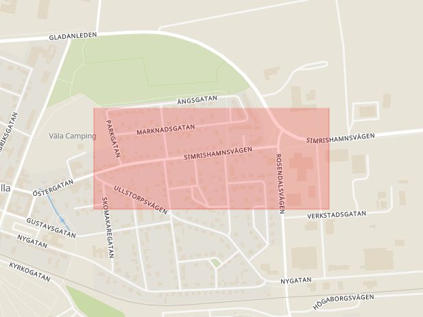 Karta som med röd fyrkant ramar in Simrishamnsvägen, Tomelilla, Skåne län