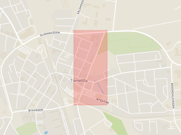 Karta som med röd fyrkant ramar in Adelgatan, Tomelilla, Skåne län