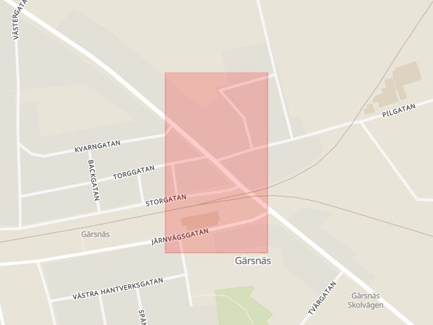 Karta som med röd fyrkant ramar in Gärsnäs, Pilgatan, Malmövägen, Simrishamn, Skåne län