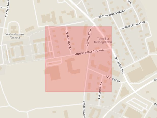 Karta som med röd fyrkant ramar in Anders Perssons Väg, Tomelilla, Skåne län