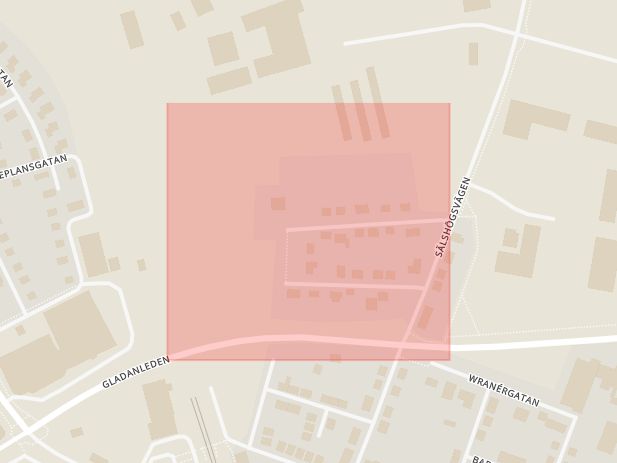 Karta som med röd fyrkant ramar in Slakterigatan, Tomelilla, Skåne län