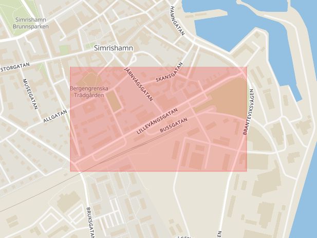 Karta som med röd fyrkant ramar in Stenbocksgatan, Simrishamn, Skåne län