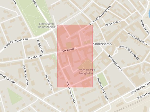 Karta som med röd fyrkant ramar in Storgatan, Brunnsparken, Simrishamn, Skåne län