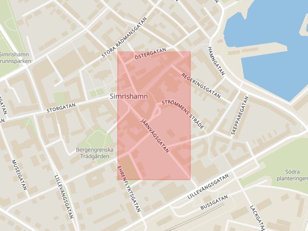 Karta som med röd fyrkant ramar in Garvaregatan, Simrishamn, Skåne län