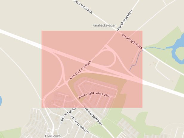 Karta som med röd fyrkant ramar in Oxie, Kungshögsvägen, Malmö, Skåne län