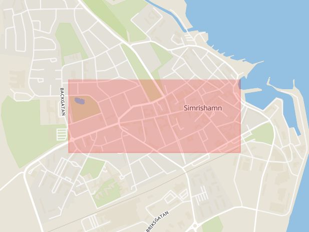 Karta som med röd fyrkant ramar in Storgatan, Simrishamn, Skåne län