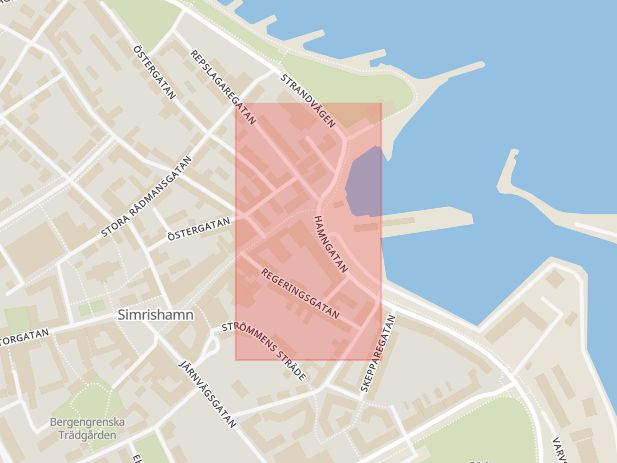 Karta som med röd fyrkant ramar in Byvägen, Simrishamn, Skåne län