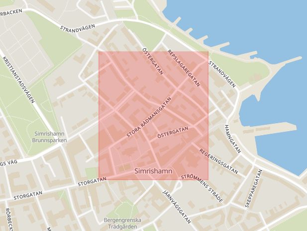 Karta som med röd fyrkant ramar in Stora Rådmansgatan, Simrishamn, Skåne län