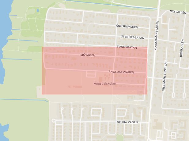 Karta som med röd fyrkant ramar in Bunkeflostrand, Ängsdalsvägen, Malmö, Skåne län