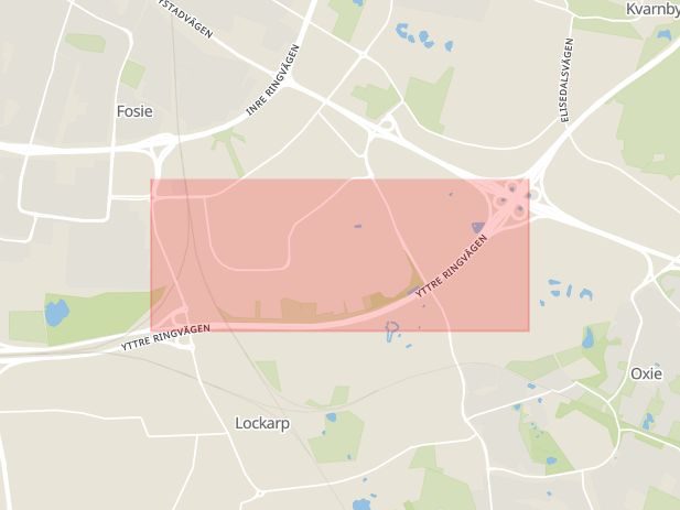 Karta som med röd fyrkant ramar in Yttre Ringvägen, Fosie, Malmö, Skåne län