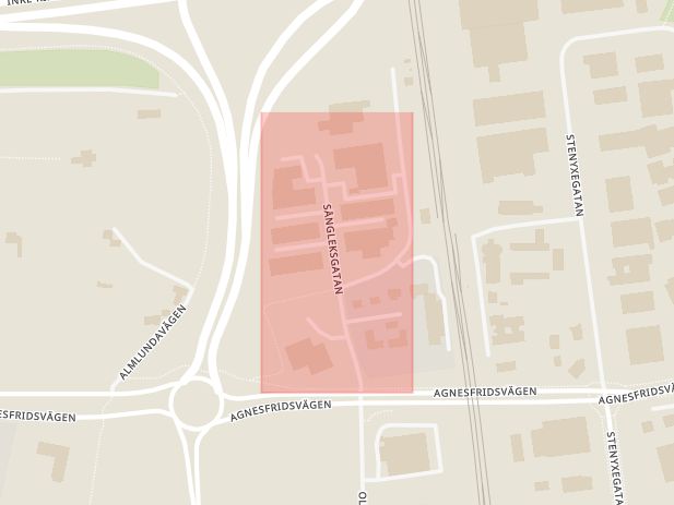 Karta som med röd fyrkant ramar in Sångleksgatan, Fosie, Malmö, Skåne län