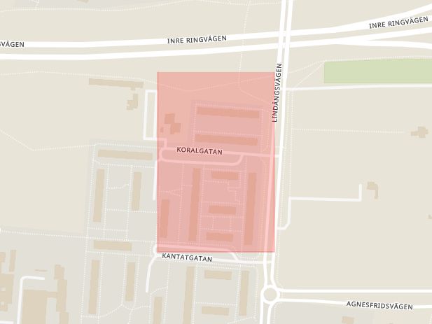 Karta som med röd fyrkant ramar in Koralgatan, Malmö, Skåne län