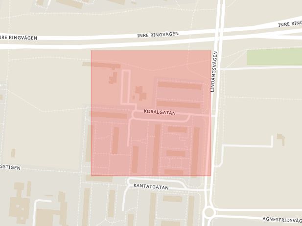 Karta som med röd fyrkant ramar in Koralgatan, Malmö, Skåne län