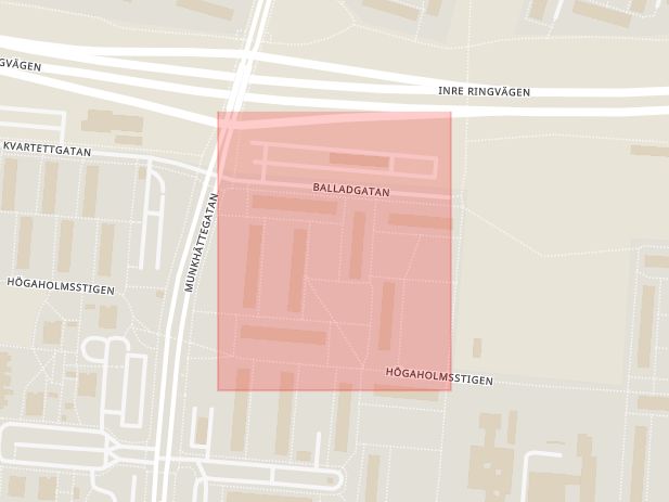 Karta som med röd fyrkant ramar in Högaholm, Balladgatan, Malmö, Skåne län