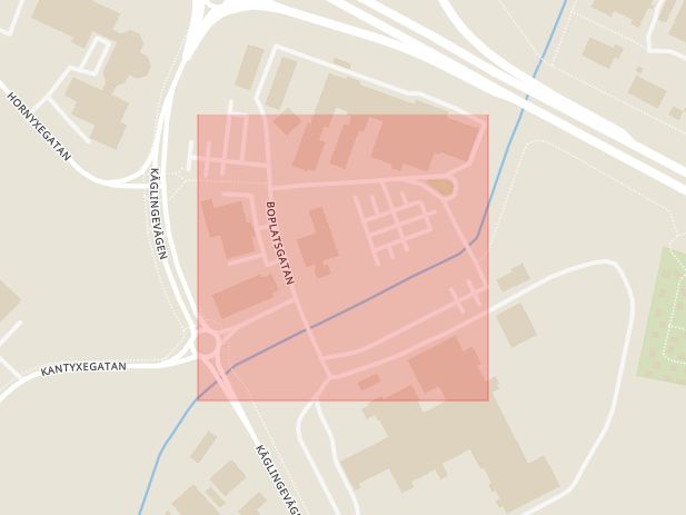 Karta som med röd fyrkant ramar in Boplatsgatan, Malmö, Skåne län